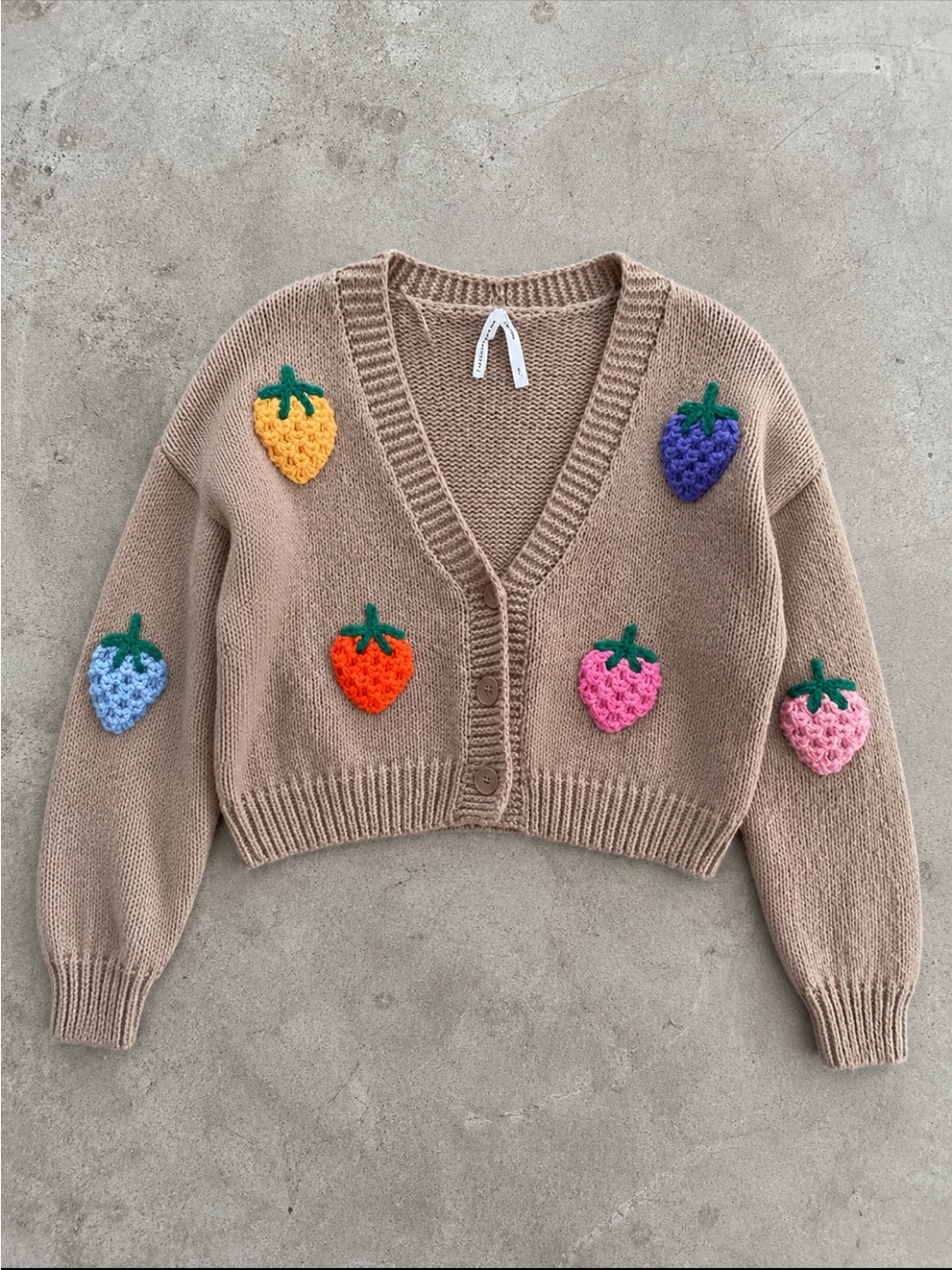 Dreamers by Debut 3D Strawberry Crochet Cropped Cardigan XS Beige Cottagecore